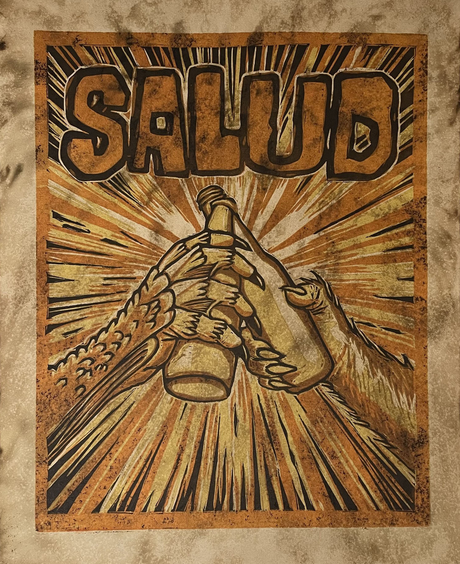 SALUD! - Reduction Woodcut celebrating life and community