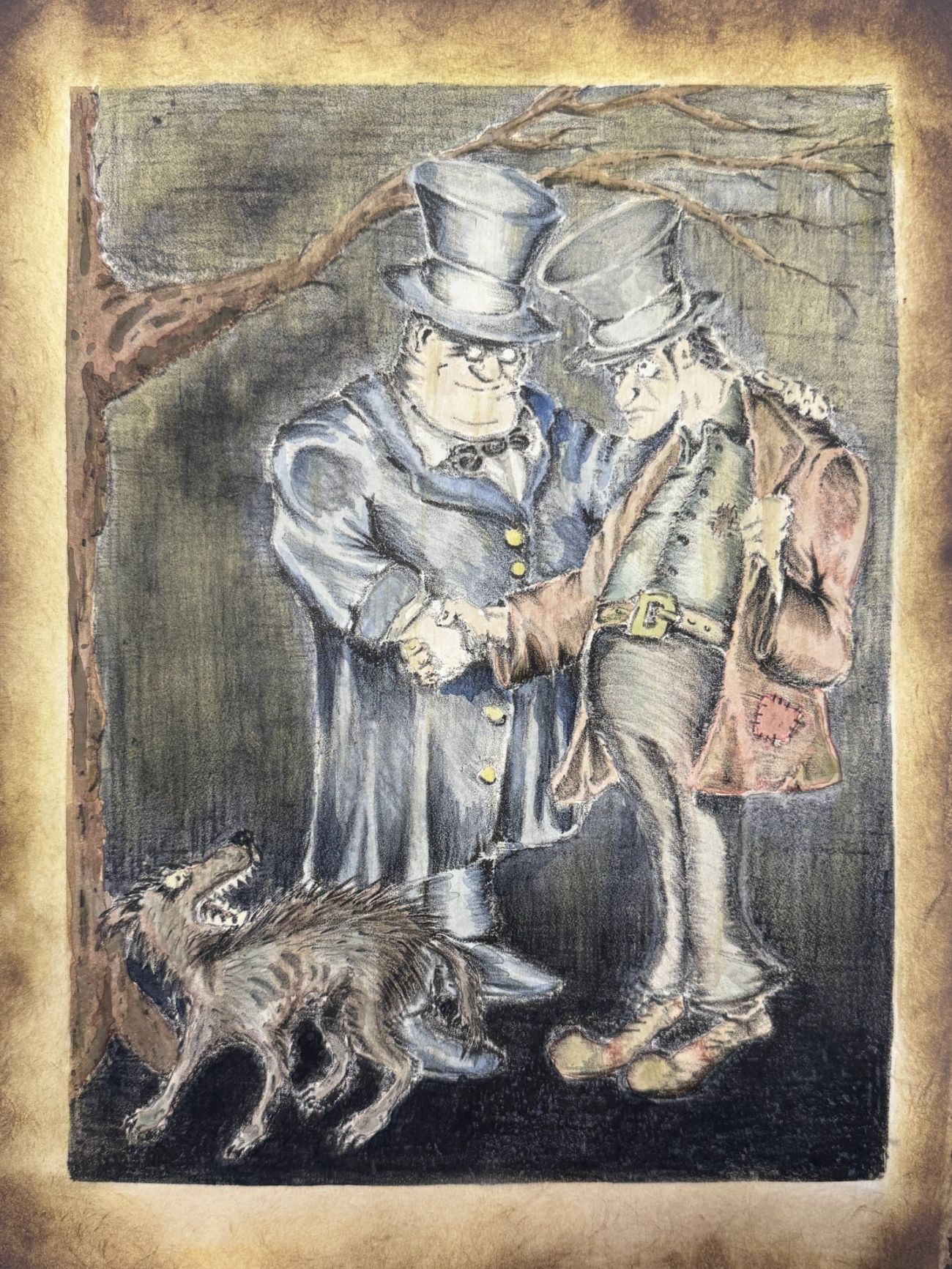 The Handshake - Lithography and Watercolor exploring themes of deceit and social inequality