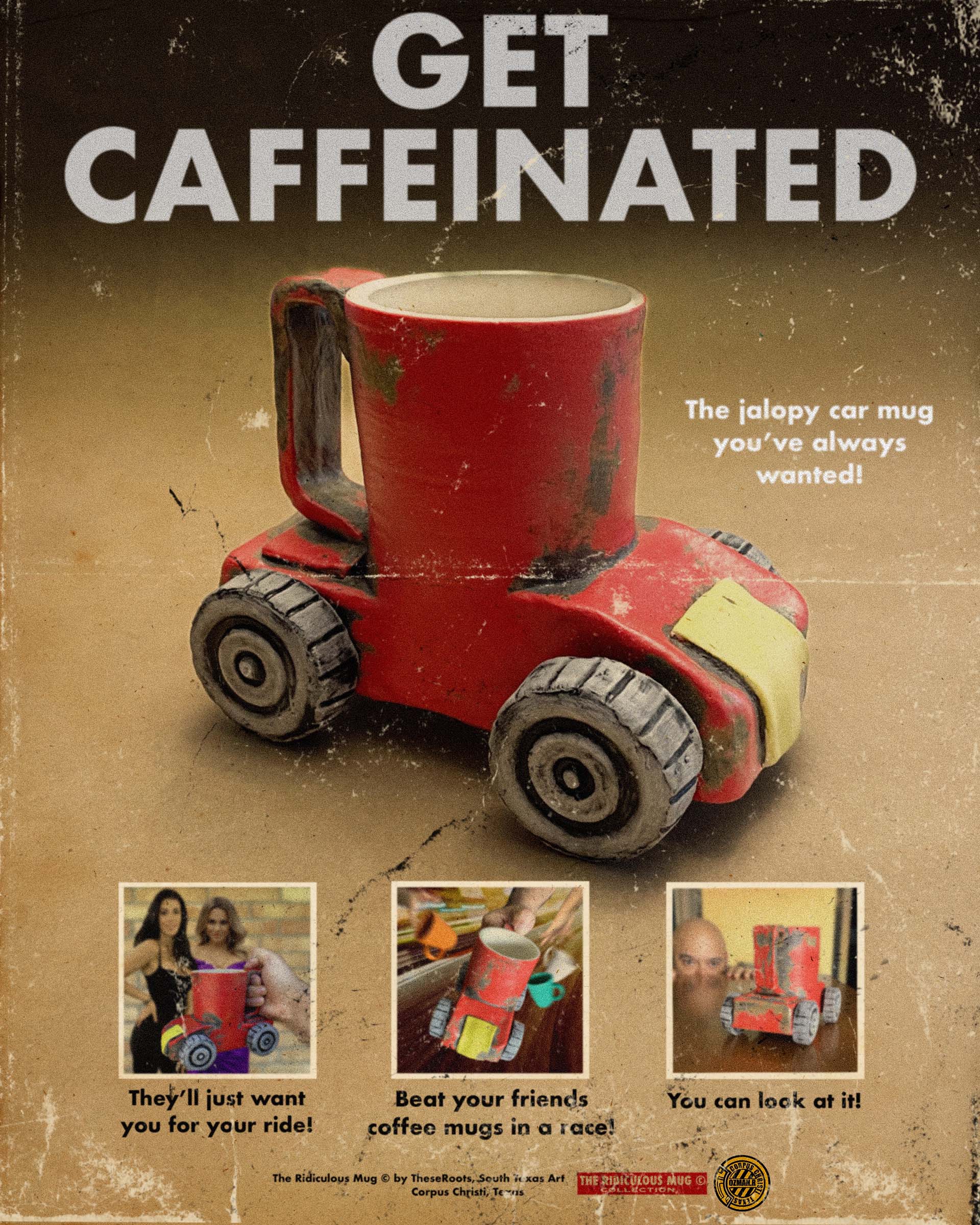 The Ridiculous Mug (jalopy car coffee mug) - Digital art imitating 80s magazine advertisements