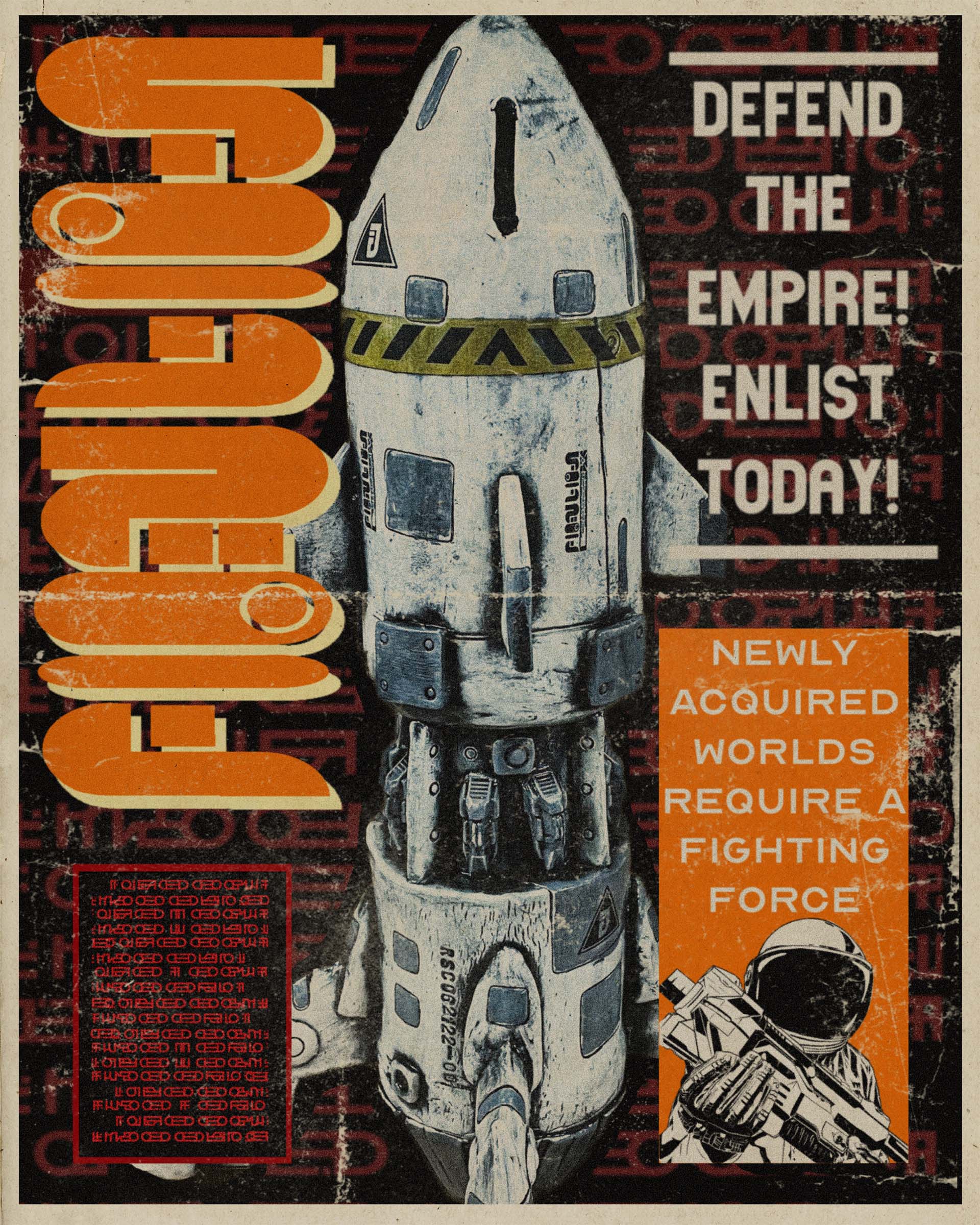 Enlist - Digital art fictional recruitment poster created for a ceramic rocketship